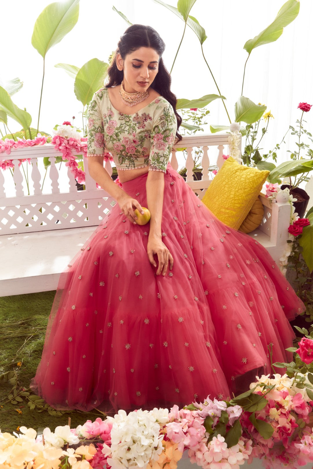 Tulle embroidered lehenga, pomme crop top