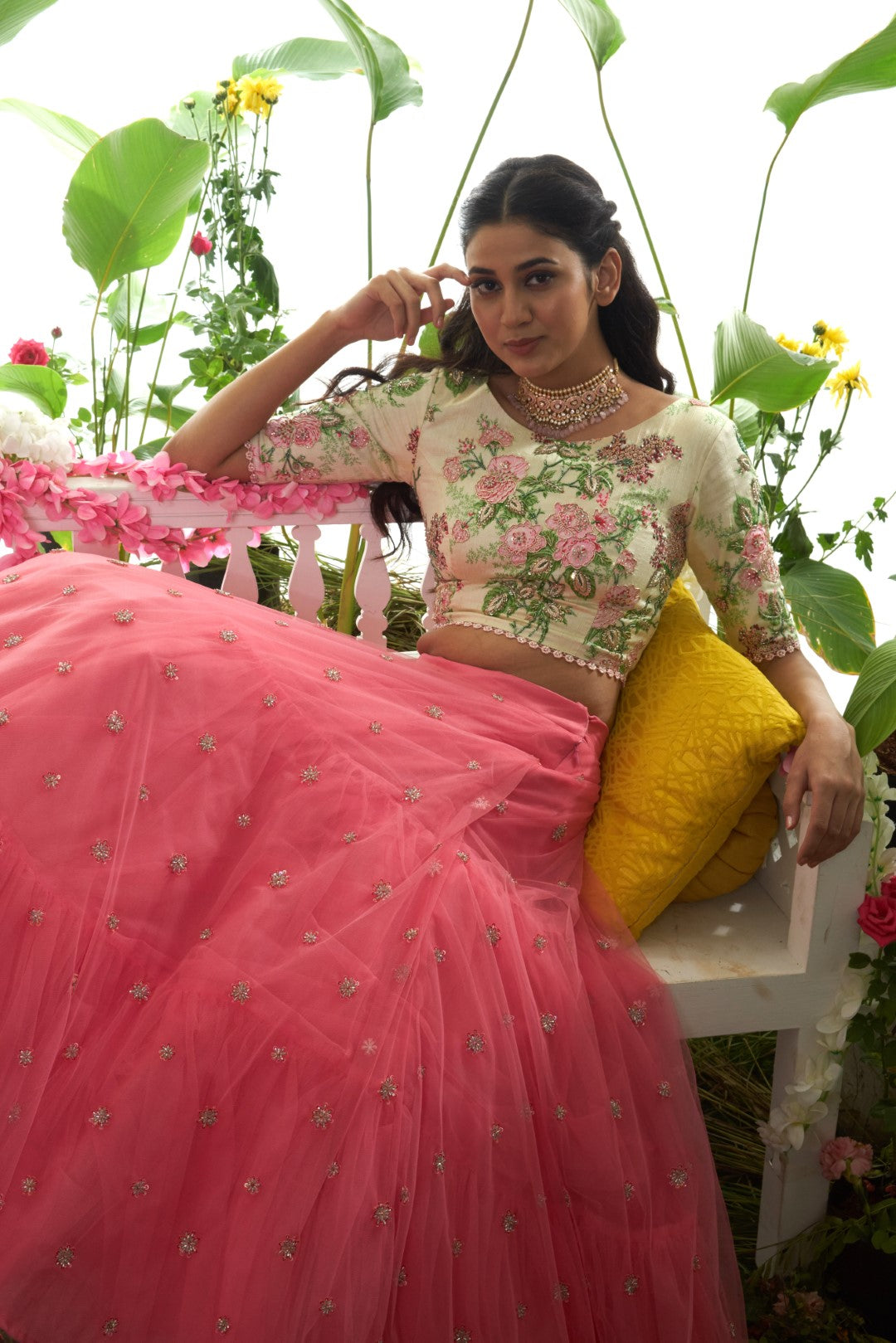 Tulle embroidered lehenga, pomme crop top