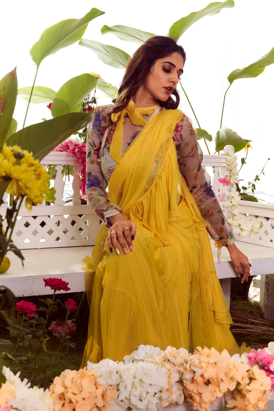 Mint organza ruffle blouse with bell bottom pants style saree set - Dheeru  Taneja