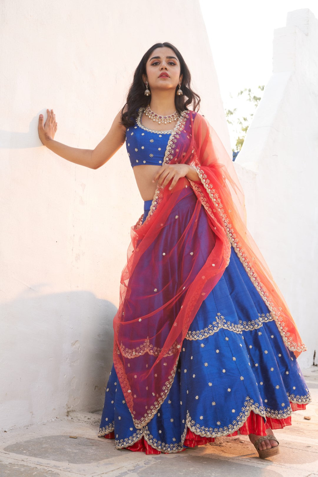 Sapphire blue embroidered scalloped lehenga set