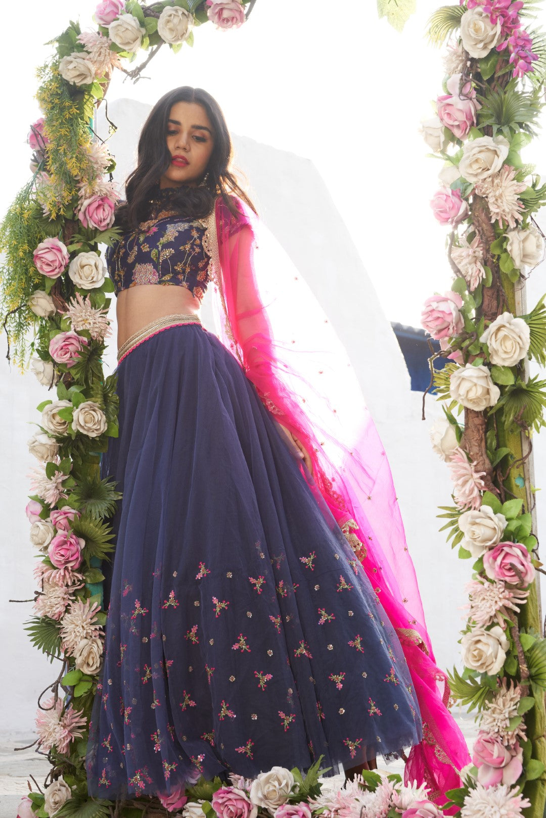 Navy blue wildflower bunches lehenga set