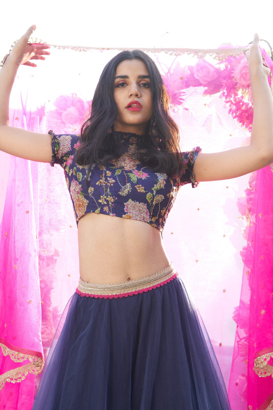 Navy blue wildflower bunches lehenga set