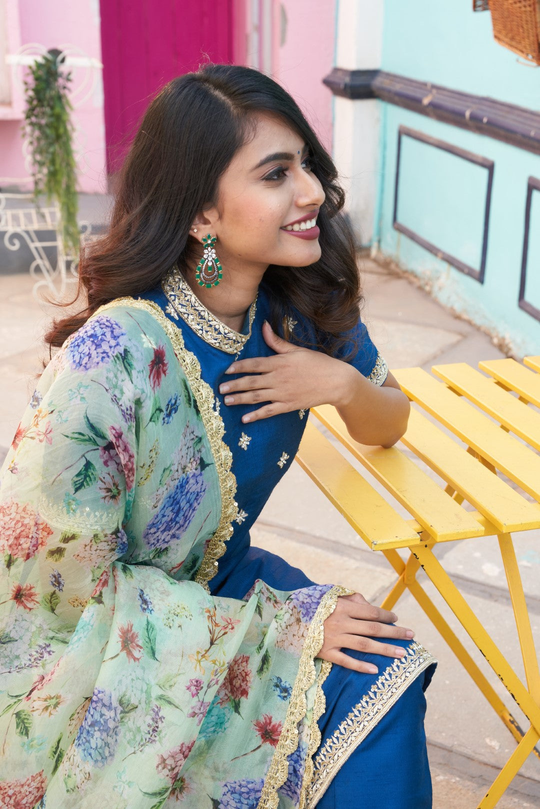 Cobalt blue kurta set with key lime green wildflower dupatta