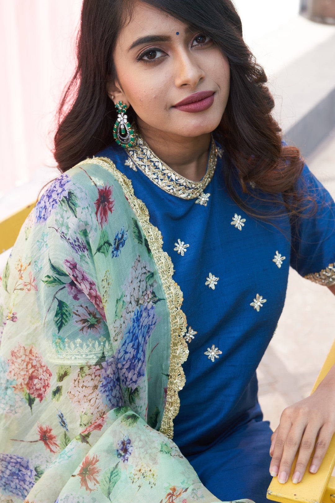 Cobalt blue kurta set with key lime green wildflower dupatta