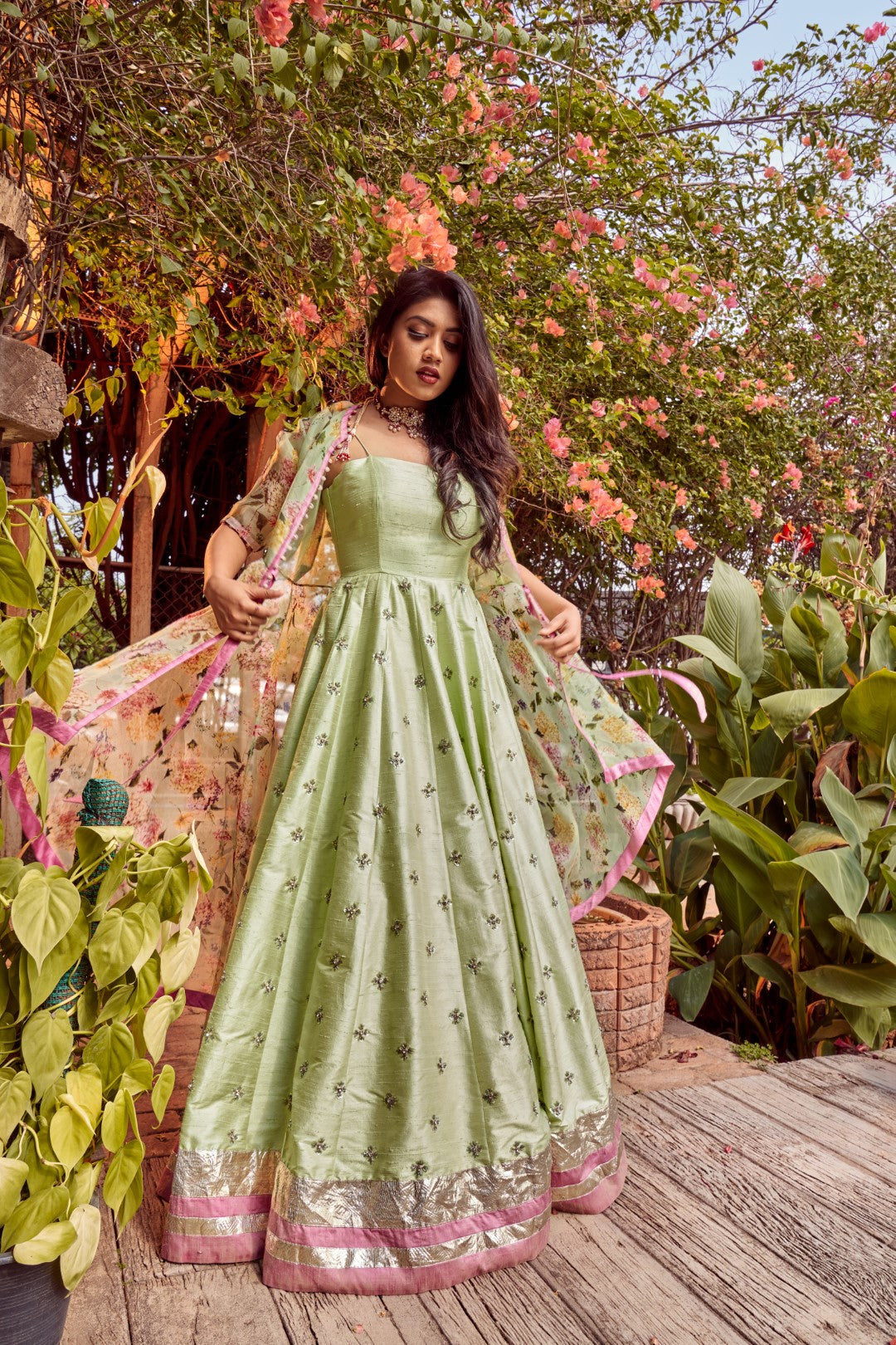 Wildflower green dress with organza high-low coat