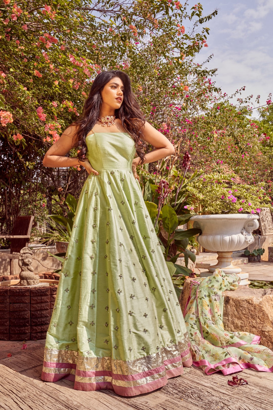 Pista Green Maslin Cotton Lace Work Anarkali Gown With Dupatta
