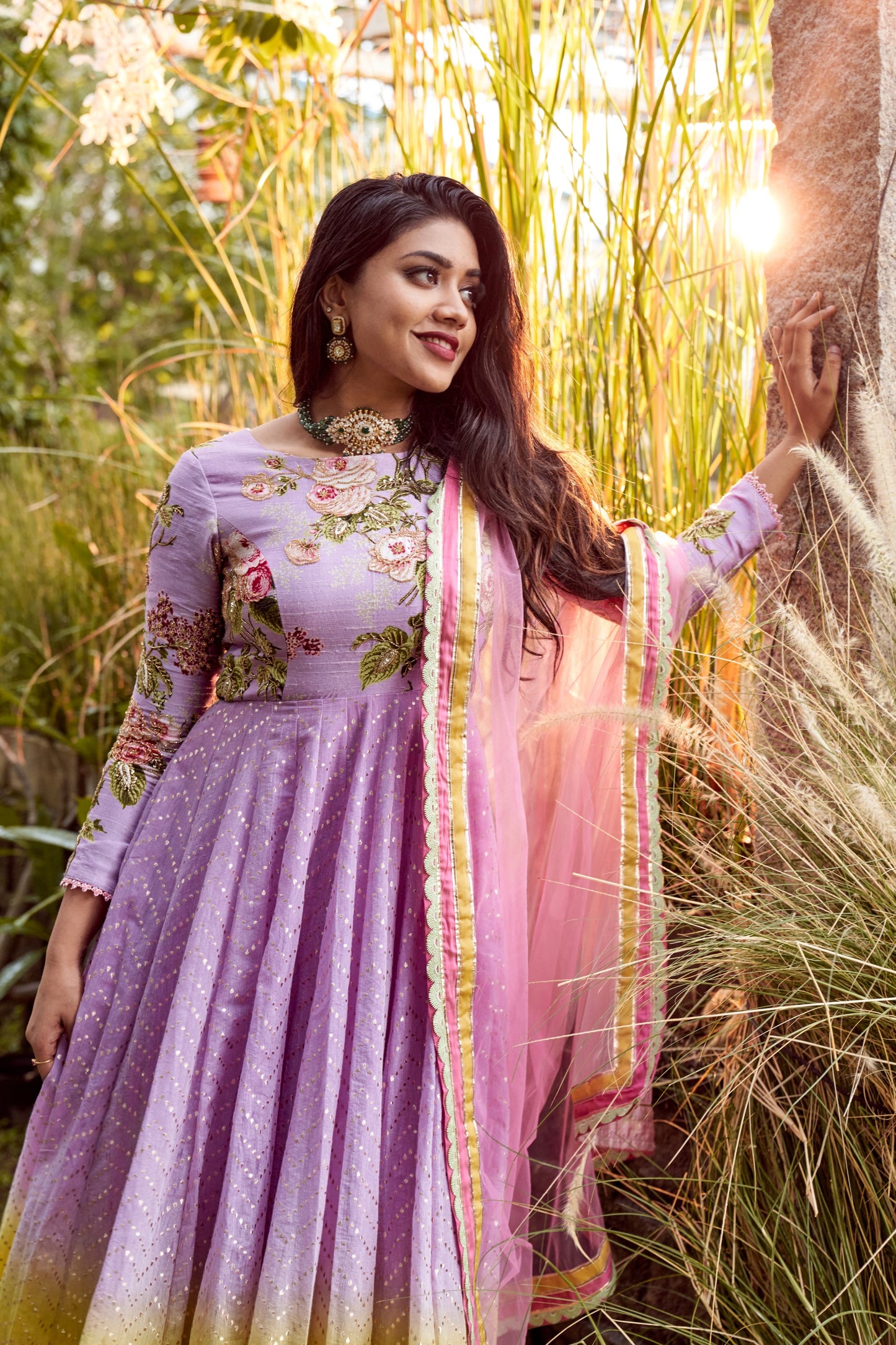 Lilac shaded pomme chanderi anarkali set