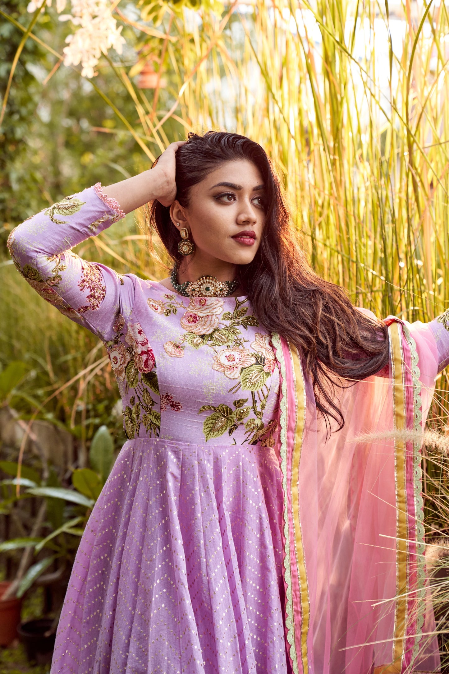 Lilac shaded pomme chanderi anarkali set