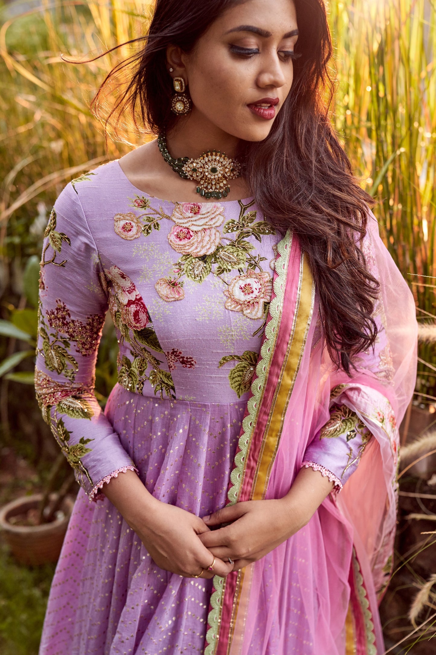 Lilac shaded pomme chanderi anarkali set