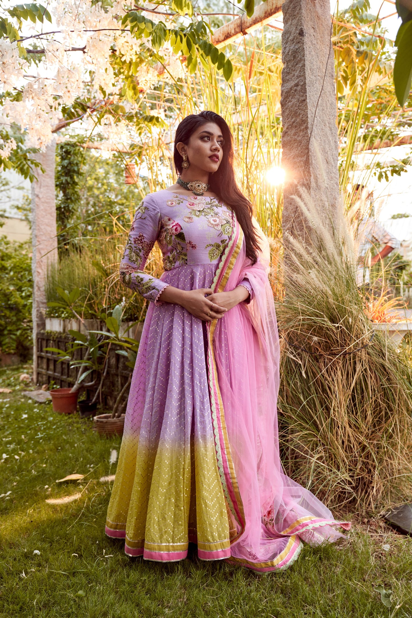 Lilac shaded pomme chanderi anarkali set