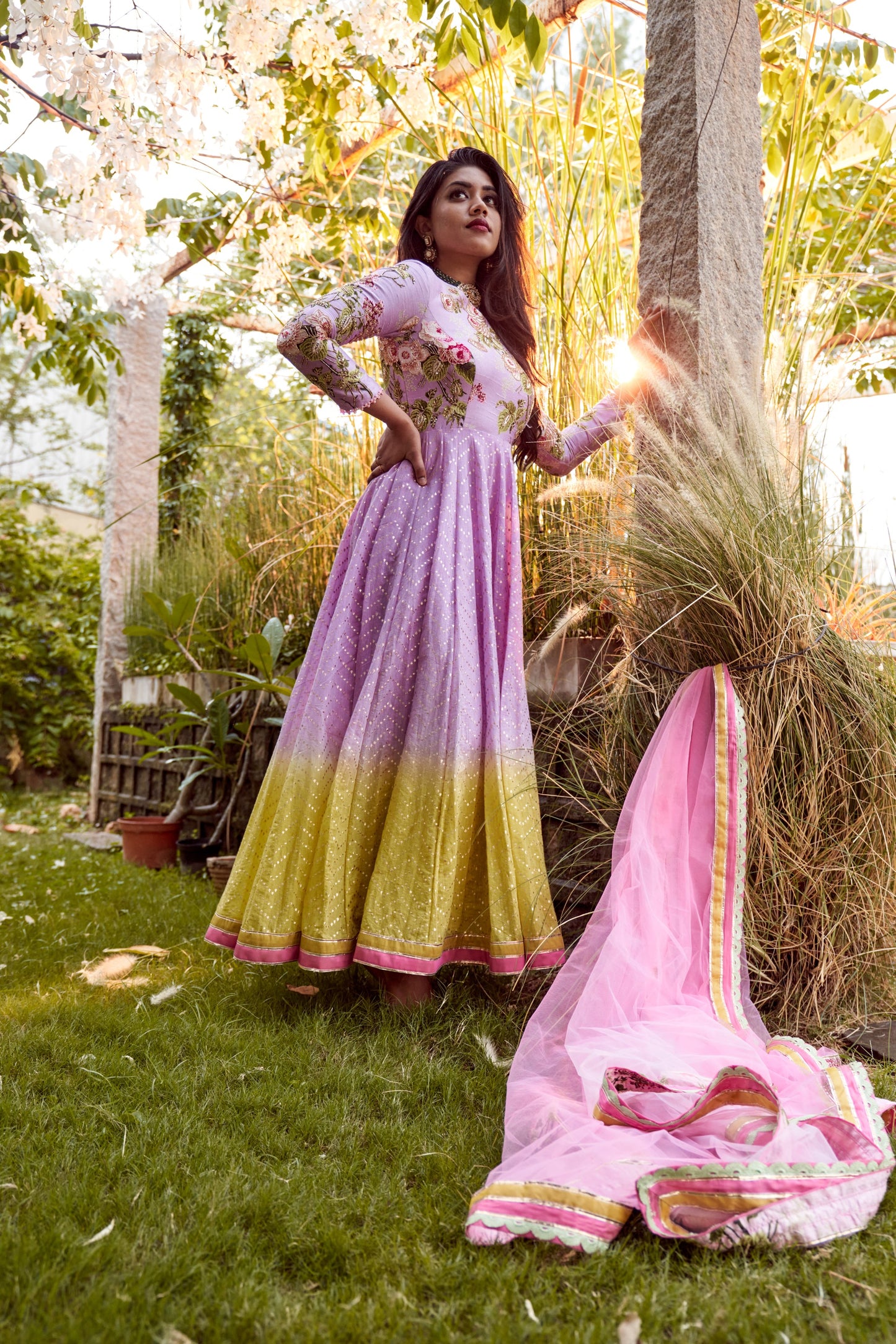 Lilac shaded pomme chanderi anarkali set