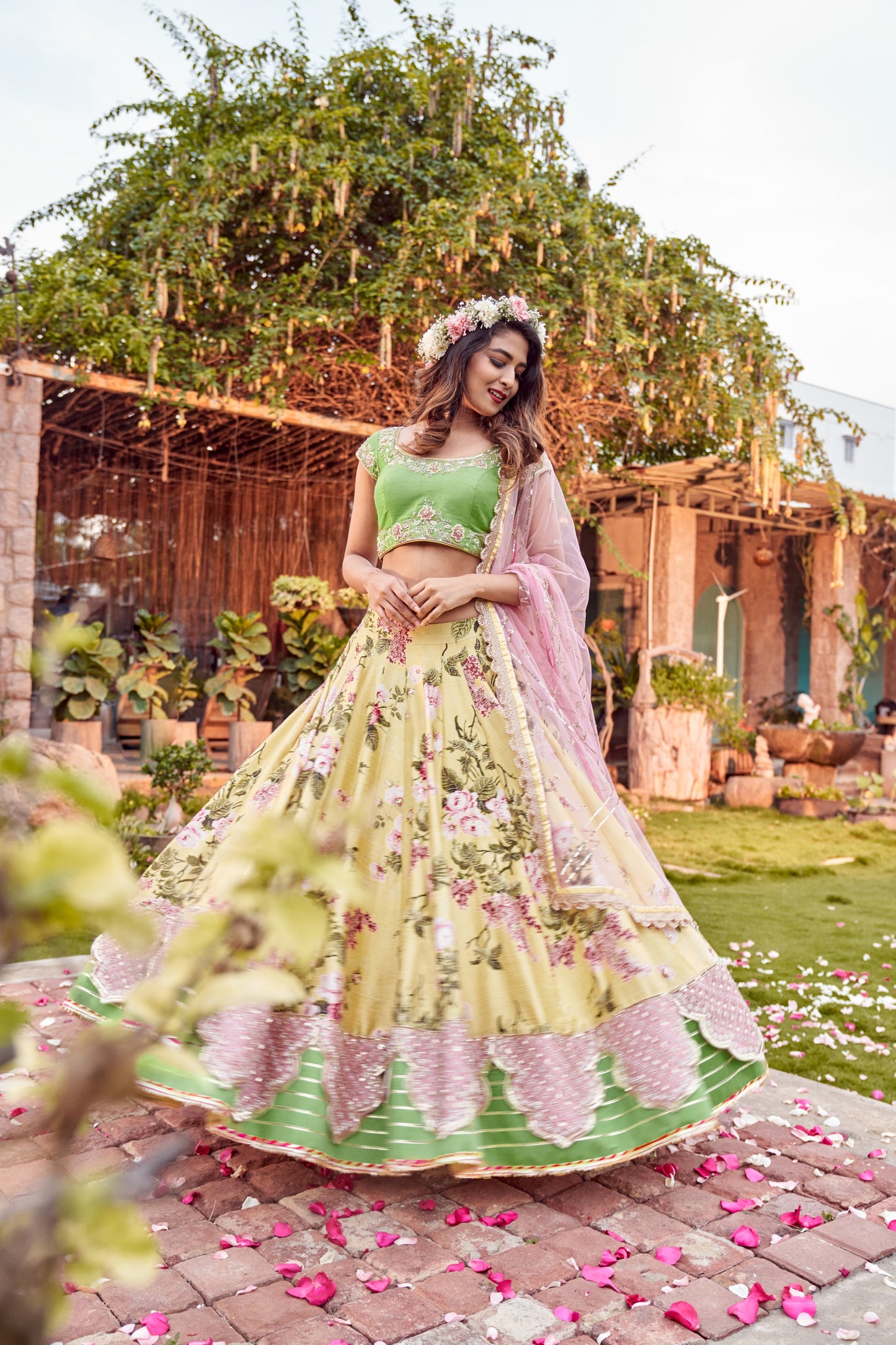 Yellow and green pomme pear scalloped lehenga set