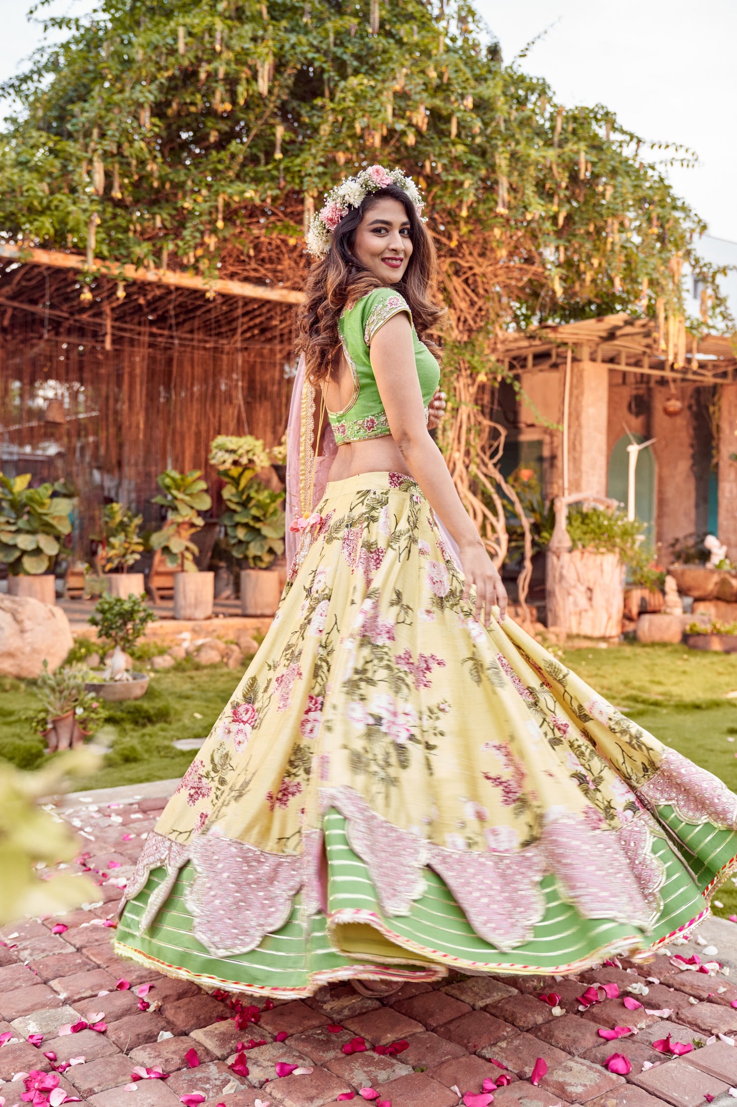 Yellow and green pomme pear scalloped lehenga set