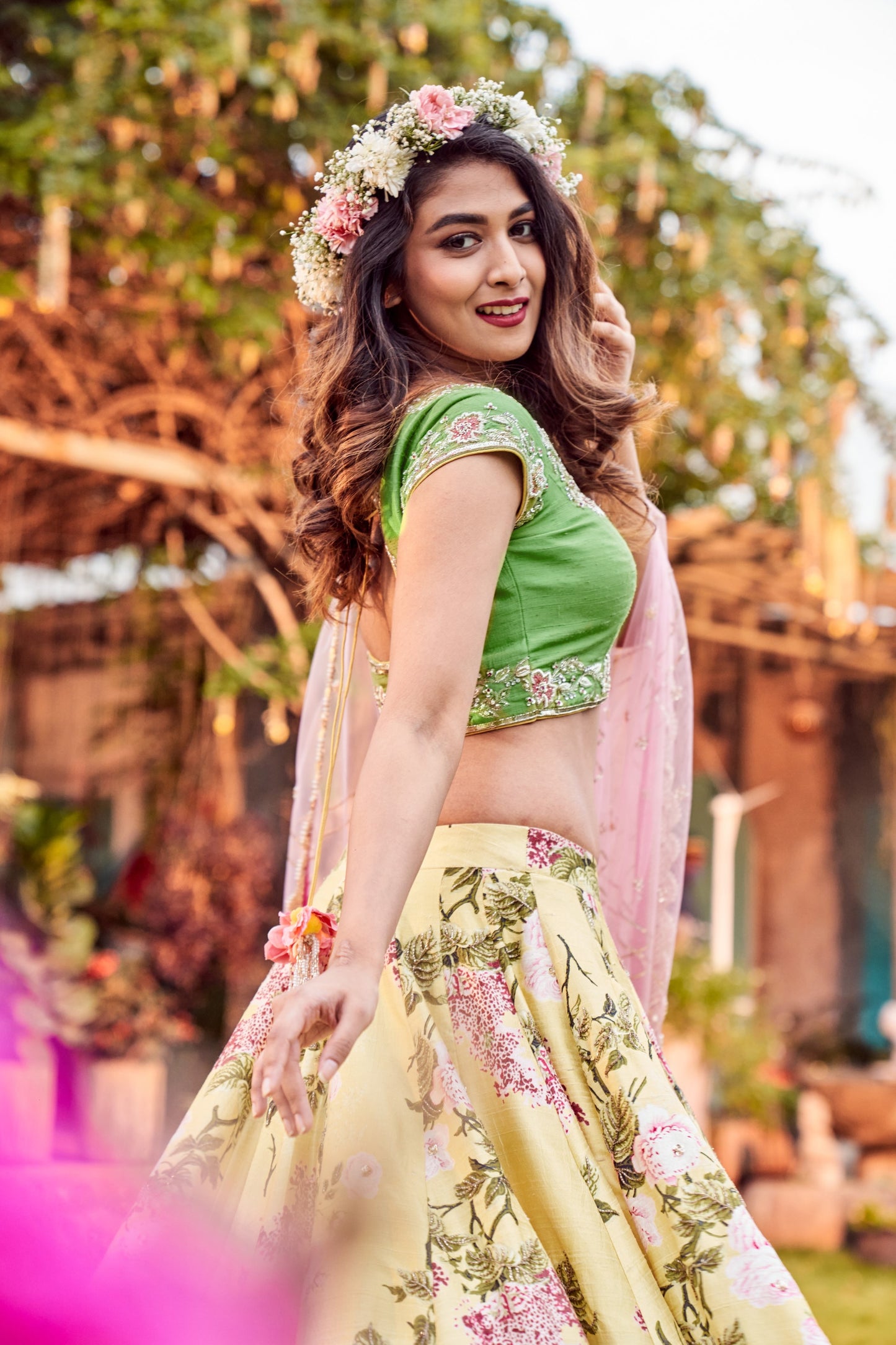 Yellow and green pomme pear scalloped lehenga set