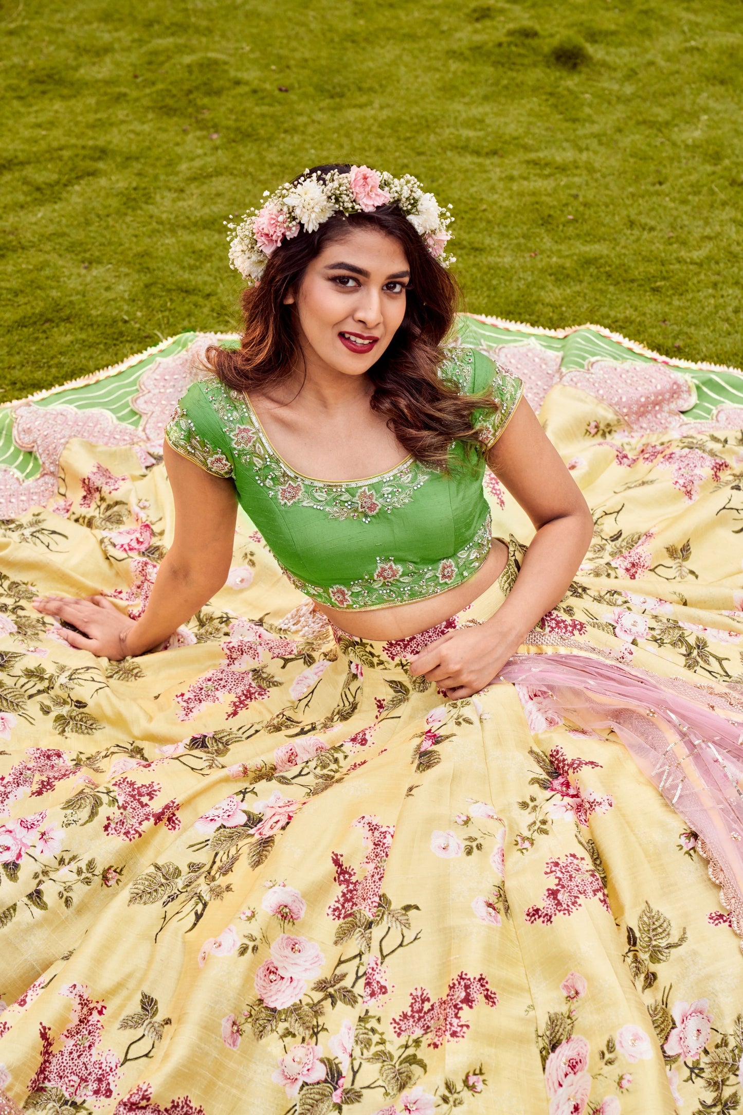 Yellow and green pomme pear scalloped lehenga set