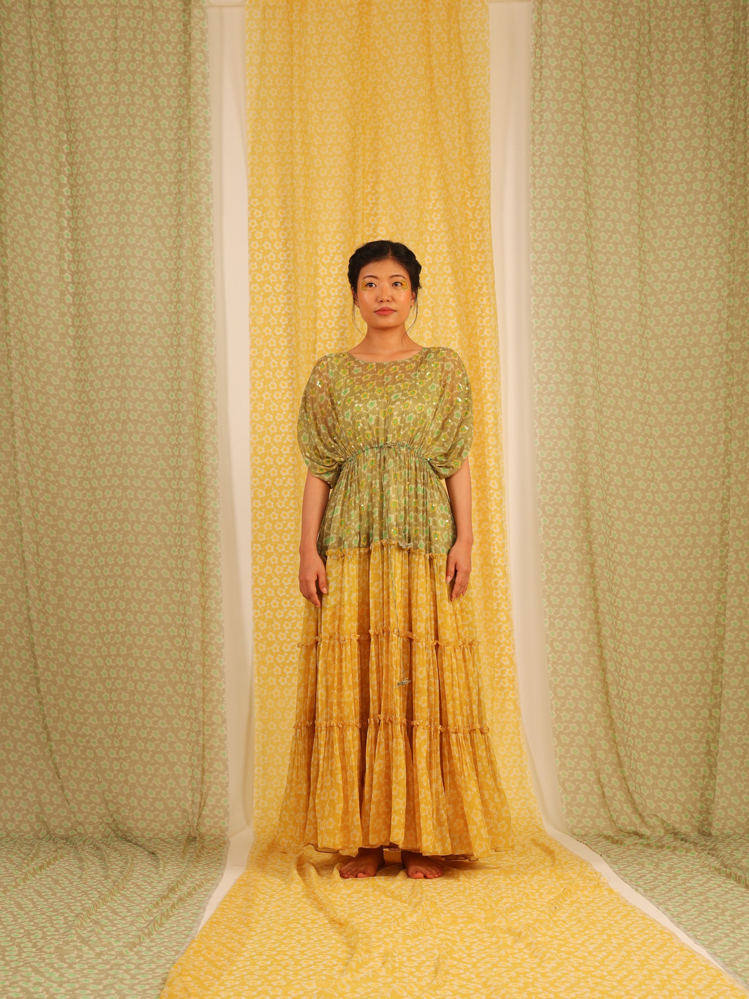 Yellow Chiffon Layered Long Dress Design by Baise Gaba at Pernia's Pop Up  Shop 2024
