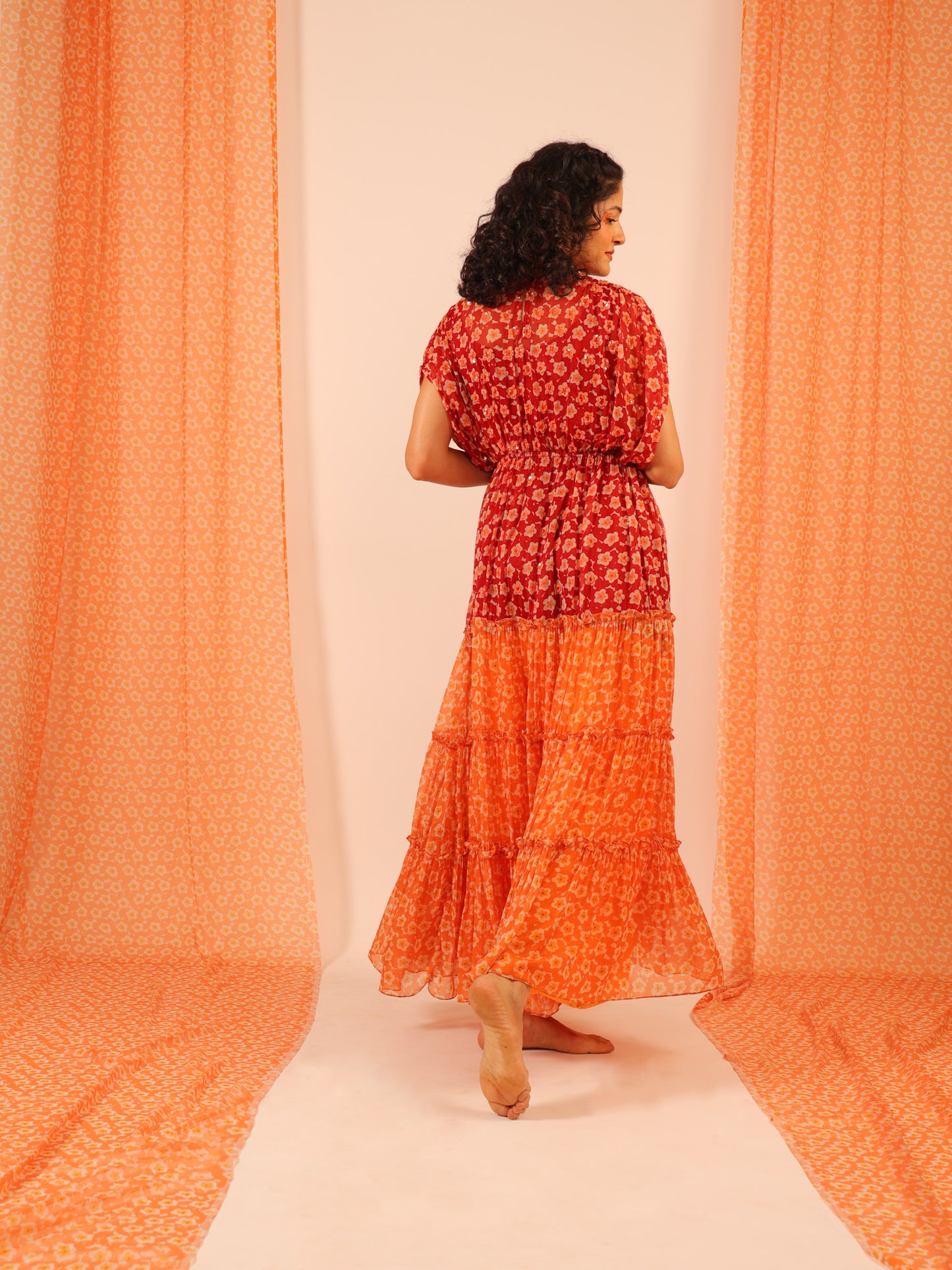 Embellished Red and Orange mini pomme Tiered chiffon dress