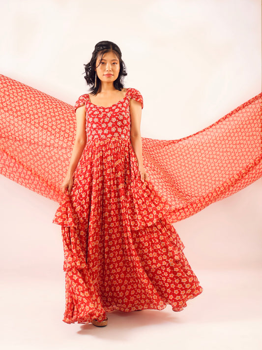 Embellished Red mini pomme layered chiffon dress