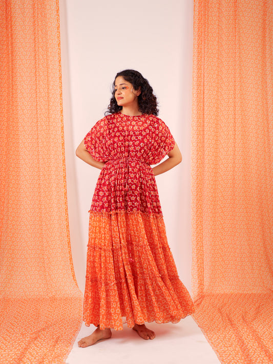 Embellished Red and Orange mini pomme Tiered chiffon dress