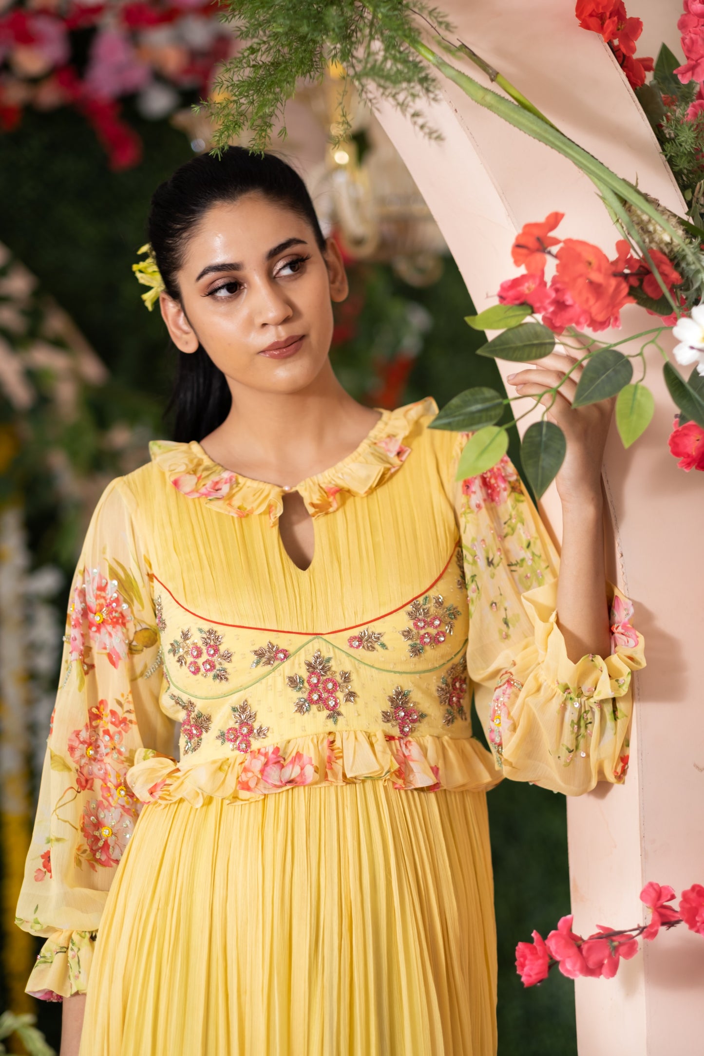 Yellow corset embroidered ruffle long dress