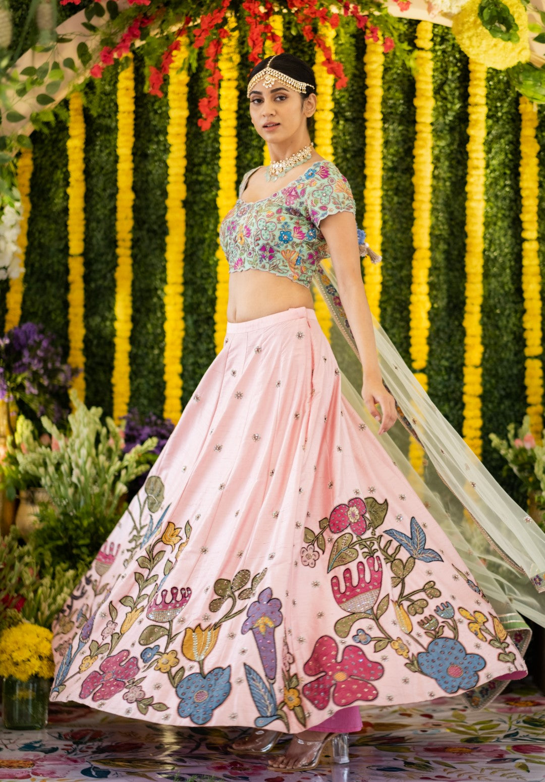 Featuring blue designer party wear lehenga set with embroidery on top and  bottom. It comes with pink dupatt… | Blouse design models, Net lehenga,  Party wear lehenga