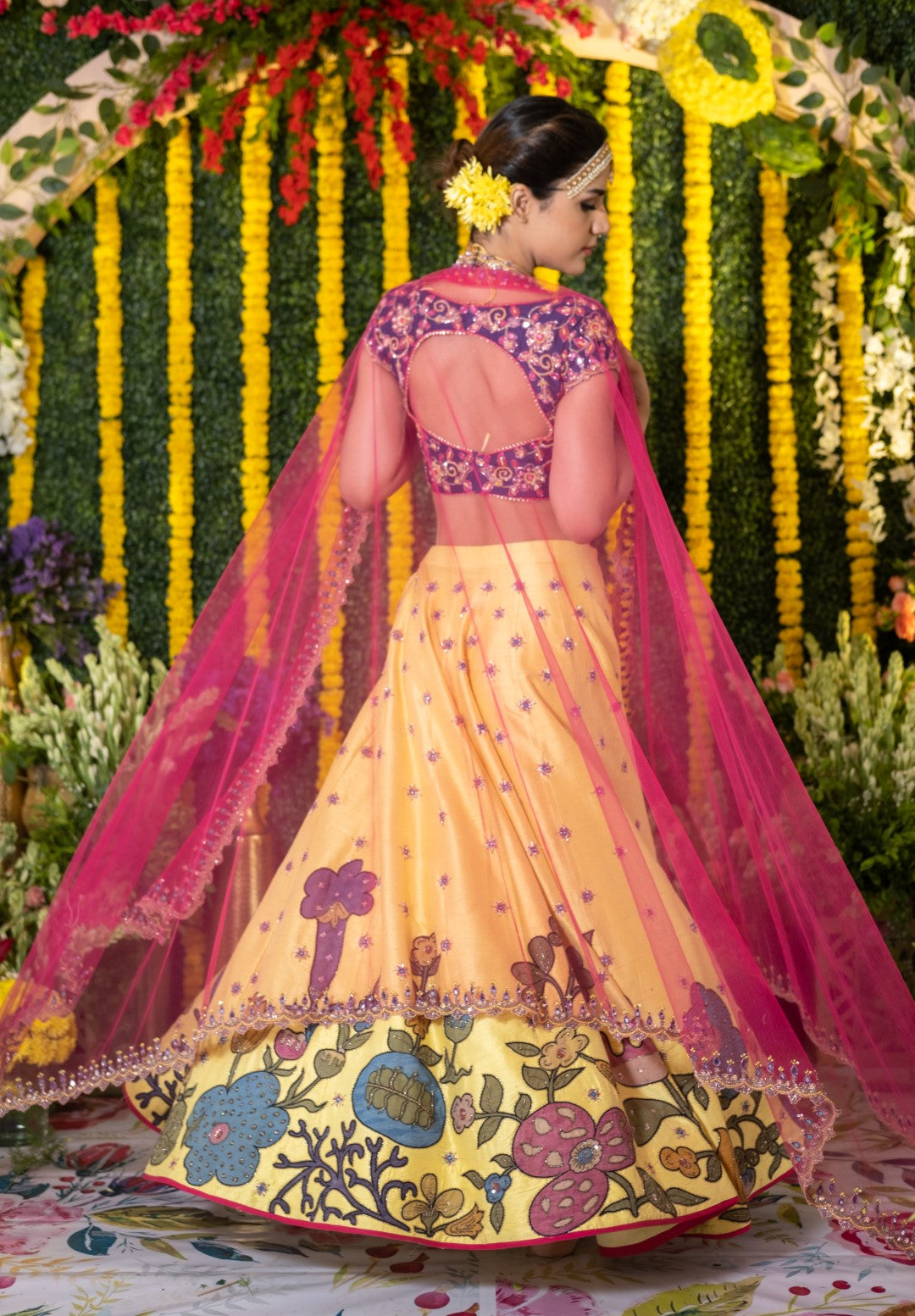 Blue Ikkat Lehenga Pink Blouse - Indian Dresses
