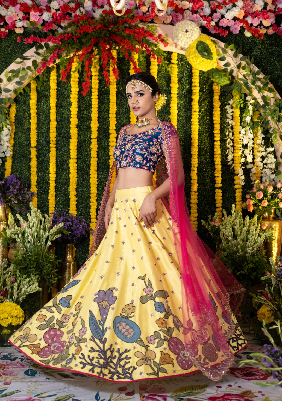 Buy Little Shoppe Dark Pink & Yellow Lehenga with Embraided Floral Blouse  (6-7 Years) at Amazon.in