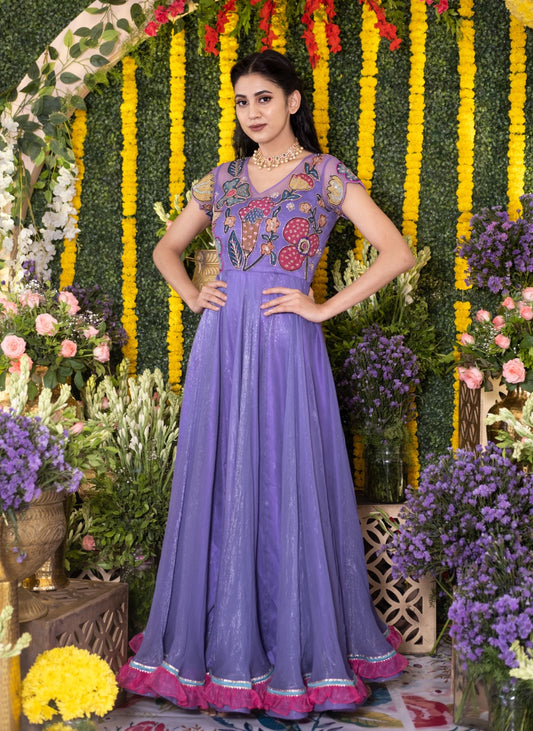 Lavender embroidered long dress with kalamkari embroidered applique