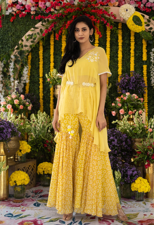 Tulip yellow kaftan belted cape dress with gherara pants